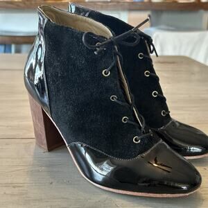 Nina Payne Paxton Black Patent Leather Suede Lace Up Boot Sz 9.5 EU 40 Anthro